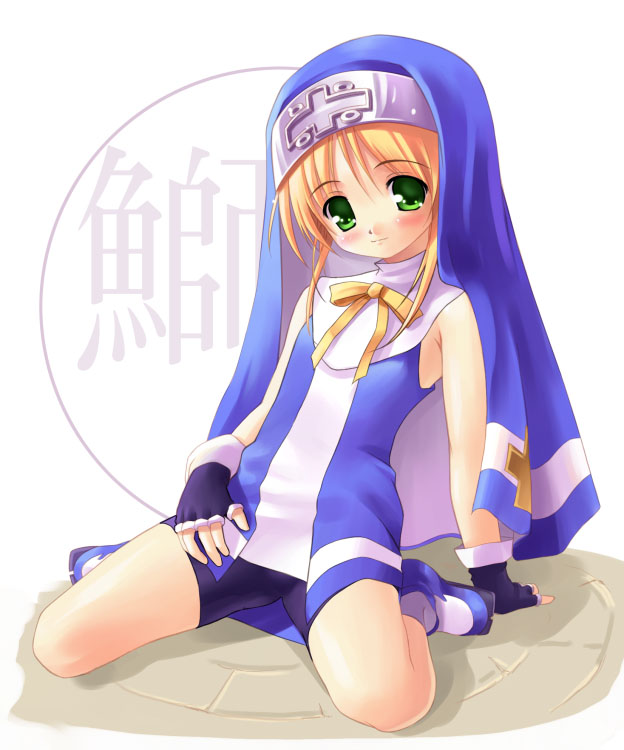 akamaru, bridget (guilty gear), arc system works, guilty gear, guilty gear xx, habit, 1boy, androgynous, bare legs, bare shoulders, black gloves, blonde hair, blue dress, blush, crossdressing, crossdressing (mtf), dress, fingerless gloves, full body, gloves, green eyes, kneeling, long hair, looking at viewer, male focus, ribbon, simple background, sitting, smile, solo, trap, veil, wariza, white background
