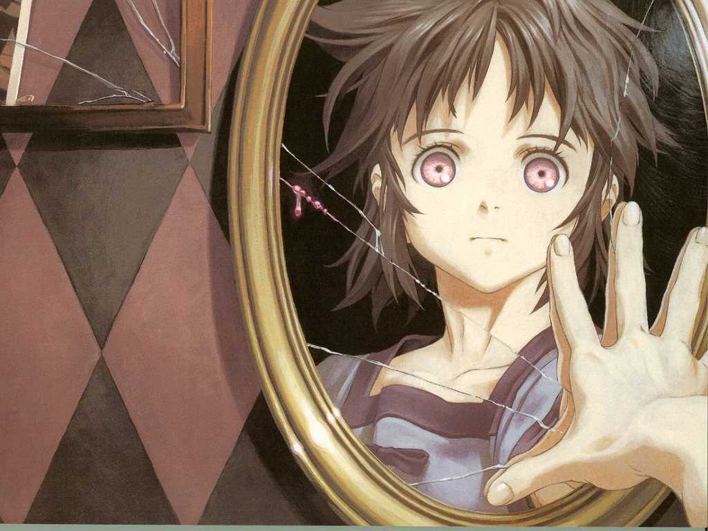 mima tokiko, key the metal idol, 1990s (style), 1girl, blood, broken mirror, brown hair, collarbone, eyelashes, female focus, mirror, picture frame, pink eyes, reflection, retro artstyle, short hair, solo, wide-eyed