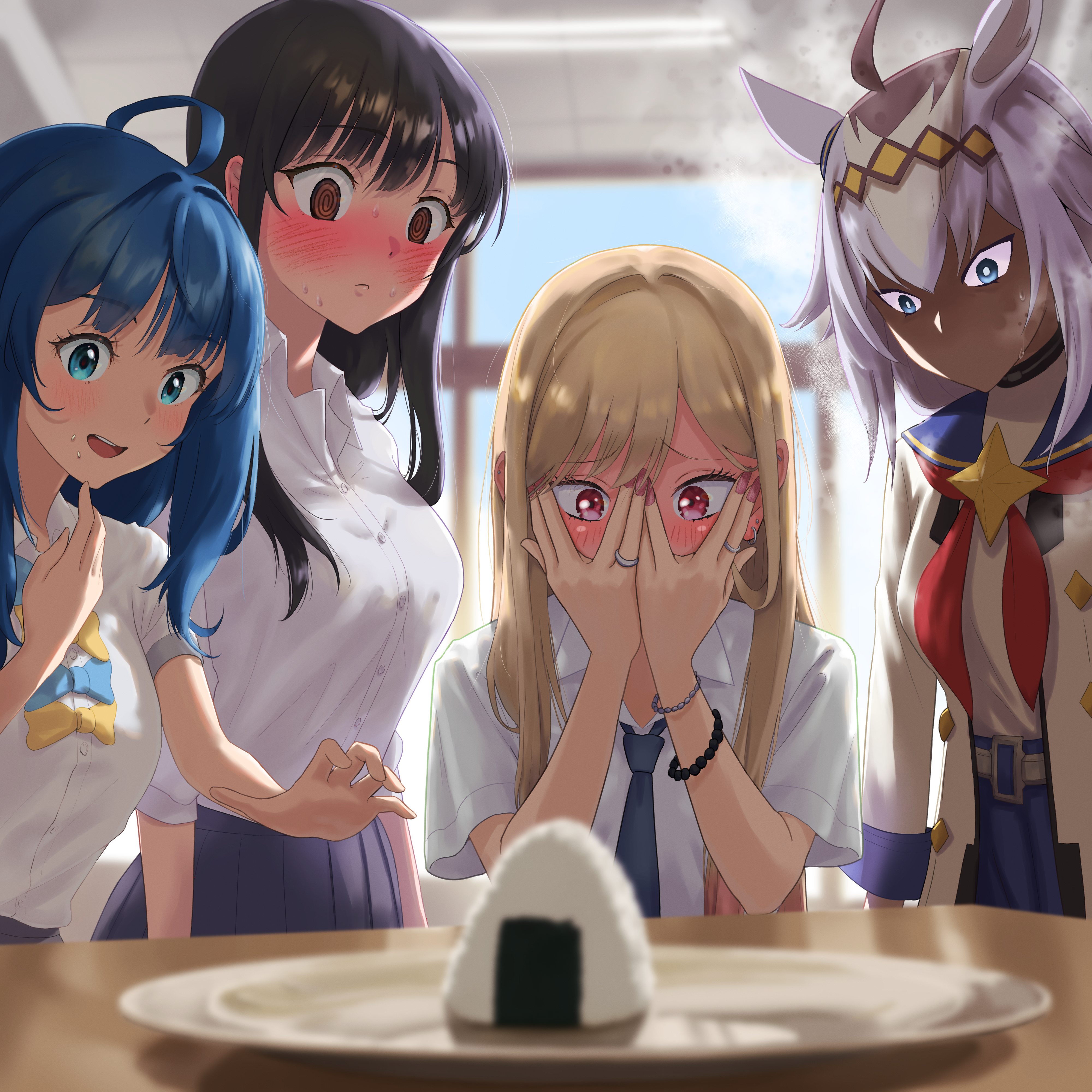 hyakusyo69, kitagawa marin, oguri cap (umamusume), yamada anna, yanami anna, boku no kokoro no yabai yatsu, make heroine ga oo sugiru!, sono bisque doll wa koi wo suru, umamusume, umamusume: cinderella gray, absurdres, highres, 4girls, @ @, ahoge, animal ears, black hair, blonde hair, blue bow, blue eyes, blue hair, blue necktie, blue skirt, blush, bow, breasts, brown eyes, coat, collared shirt, covering face, crossover, diamond hairband, food, grey hair, hairband, horse ears, horse girl, indoors, large breasts, long hair, multiple crossover, multiple girls, neckerchief, necktie, onigiri, pink eyes, pink nails, plate, red neckerchief, school uniform, shirt, skirt, sweat, white coat, white shirt, yellow bow, yellow hairband