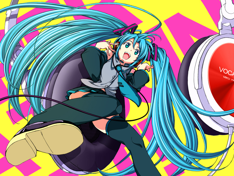 aka ringo, azuma shoujuan, hatsune miku, vocaloid, 1girl, aqua hair, female focus, headphones, microphone, solo, thighhighs, twintails