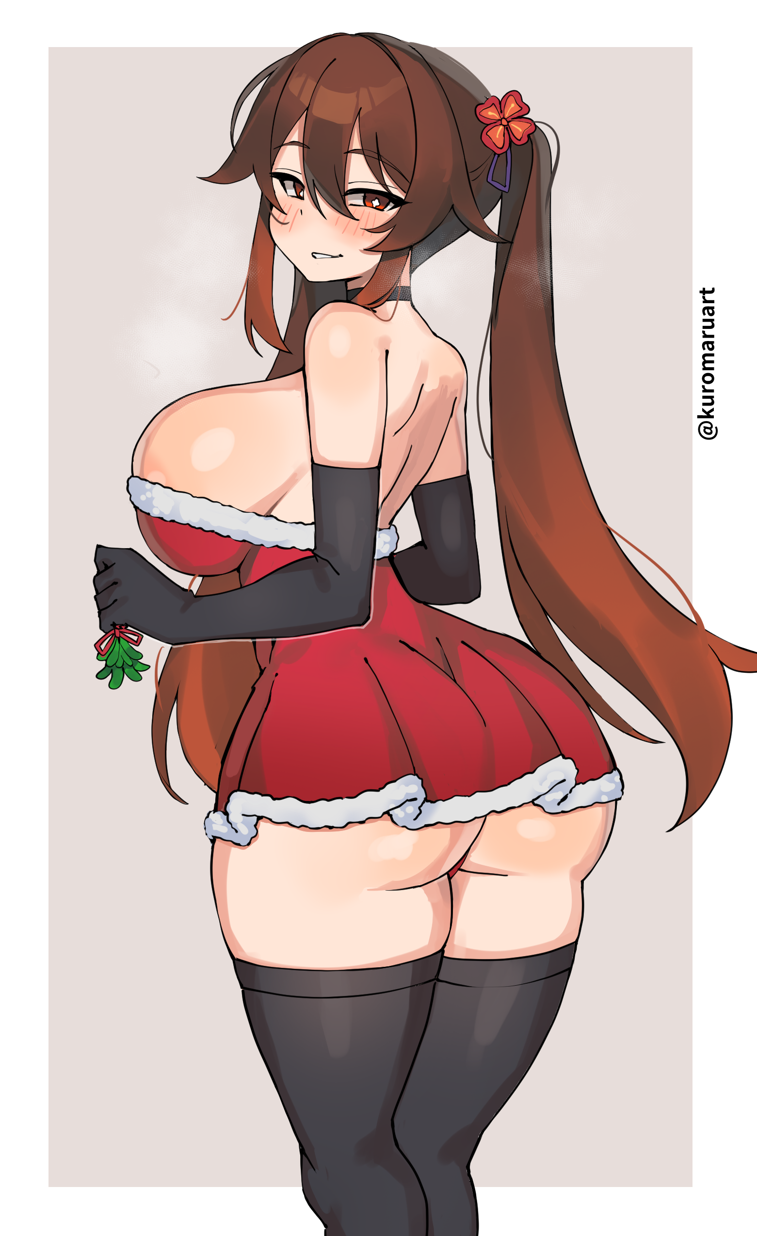 kuromaruart, hu tao (genshin impact), genshin impact, mihoyo, 1girl, aged up, alternate breast size (larger), alternate costume, artist name, ass, back, bare shoulders, black choker, black gloves, black thighhighs, blush, breasts, breath, brown hair, choker, dot nose, dress, elbow gloves, feet out of frame, female focus, gloves, grey background, grin, half-closed eyes, hands up, huge ass, huge breasts, legs together, long hair, naughty face, panties, pantyshot, parted lips, red dress, red eyes, red panties, short dress, simple background, smile, solo, standing, star-shaped pupils, star (symbol), strapless, strapless dress, symbol-shaped pupils, teeth, thighhighs, twintails, twisted torso, two-tone background, two-tone dress, underwear, white background, white dress