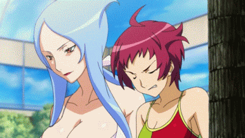 machina (dragonaut), souya akira, dragonaut, animated, animated gif, anime screenshot, lowres, 00s, 2girls, ass, battle, bikini, blue hair, bouncing breasts, breasts, cleavage, fighting, huge breasts, long hair, multiple girls, swimsuit, sword, weapon