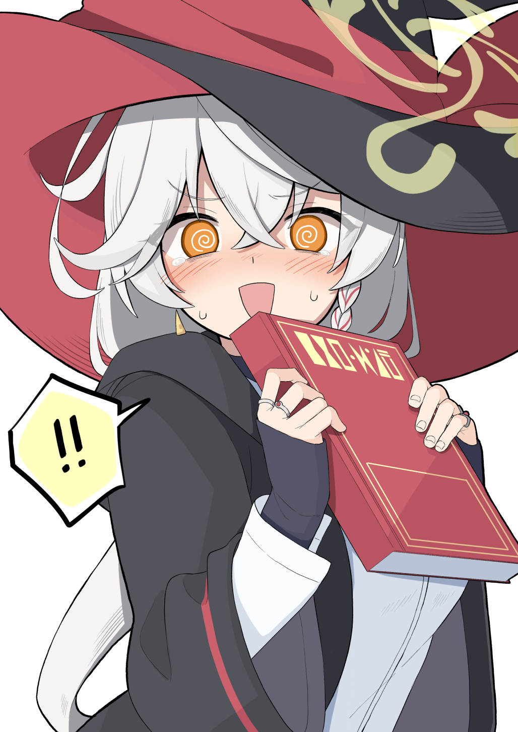 yoimura, eri (blue archive), blue archive, highres, !, !!, 1girl, black jacket, book, breasts, hair between eyes, halo, hat, holding, holding book, jacket, large breasts, looking at viewer, shirt, simple background, solo, speech bubble, white background, white hair, white shirt, witch hat, yellow eyes, yellow halo