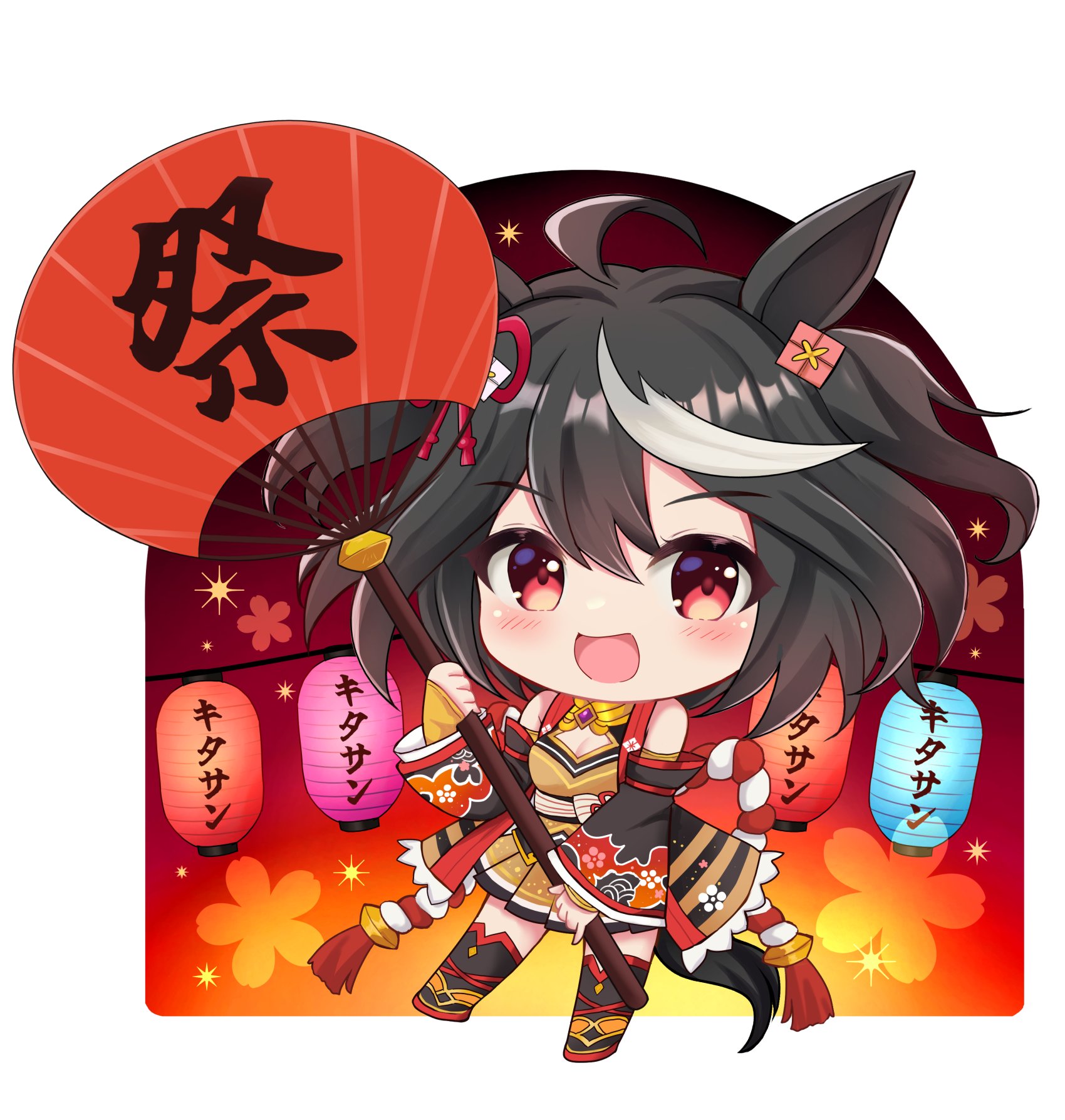 terimuku, kitasan black (umamusume), umamusume, commentary request, highres, translation request, 1girl, :d, ahoge, animal ears, bare shoulders, black sleeves, black thighhighs, blush, breasts, brown skirt, cleavage, cleavage cutout, clothing cutout, detached sleeves, floral background, hair between eyes, hand fan, holding, holding fan, horse ears, horse girl, horse tail, lantern, long sleeves, looking at viewer, medium breasts, multicolored hair, open mouth, paper fan, paper lantern, pleated skirt, red eyes, skirt, sleeves past wrists, smile, solo, streaked hair, tail, thighhighs, two side up, uchiwa, white hair, wide sleeves