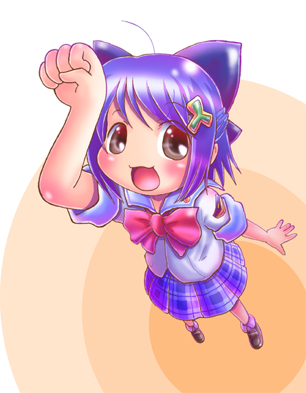 renaoka, inamori mika, gakuen utopia manabi straight!, 00s, 1girl, animal ears, bow, cat ears, female focus, hair ornament, hairclip, pink bow, plaid clothes, plaid skirt, school uniform, serafuku, skirt, solo