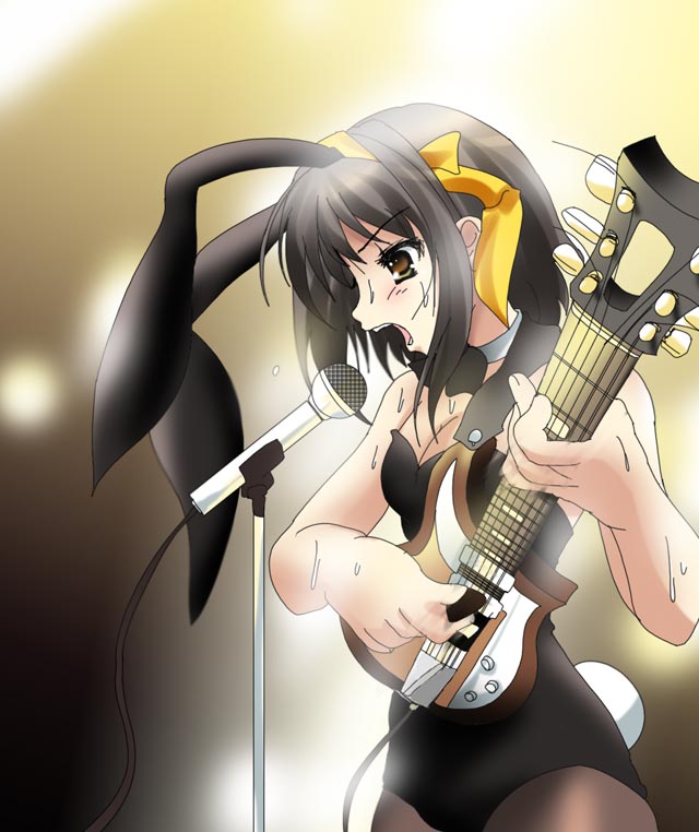 namamo nanase, suzumiya haruhi, suzumiya haruhi no yuuutsu, 00s, animal ears, fake animal ears, god knows, guitar, instrument, microphone, microphone stand, pantyhose, playboy bunny, rabbit ears, sweat