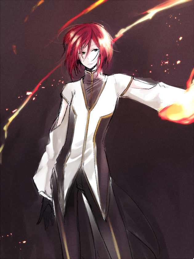 wane (ruki), warlock (ragnarok online), ragnarok online, commentary request, 1boy, black gloves, black pants, blue eyes, brown background, closed mouth, cowboy shot, expressionless, fire, gloves, green eyes, hair between eyes, looking at viewer, male focus, pants, pyrokinesis, red hair, shirt, short hair, solo, white shirt