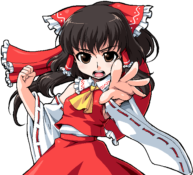 manjiduka, hakurei reimu, touhou, 1girl, black hair, female focus, japanese clothes, long hair, miko, simple background, skirt, solo, white background