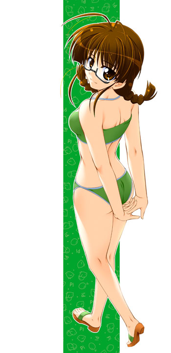 chogenbo musasiya, musashiya chougenbou, akizuki ritsuko, idolmaster, idolmaster (classic), idolmaster 1, 00s, 1girl, ahoge, back, bikini, braid, breasts, brown eyes, brown hair, female focus, glasses, green bikini, looking back, sandals, simple background, smile, solo, swimsuit, twin braids
