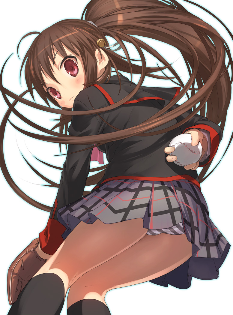 uni (plastic girl), natsume rin, little busters!, 1girl, ball, baseball, baseball (object), brown hair, female focus, long hair, panties, pantyshot, ponytail, red eyes, school uniform, serafuku, solo, striped clothes, striped panties, underwear