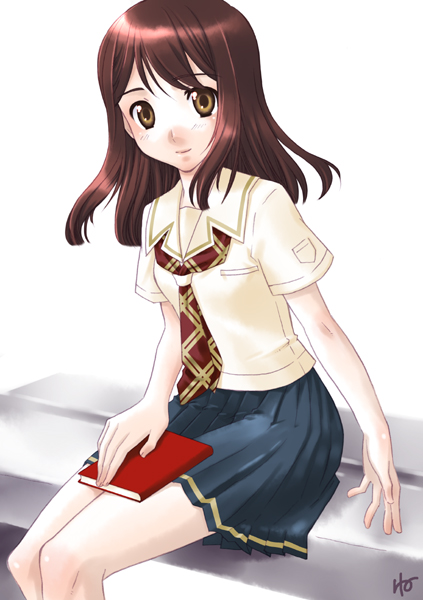akizuki wataru, karamiti, hoshino yuumi, kimi kiss, 1girl, brown eyes, brown hair, female focus, grey skirt, looking at viewer, pleated skirt, short sleeves, simple background, sitting, skirt, solo, white background