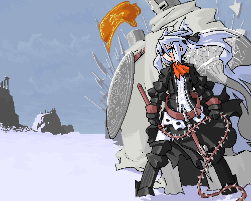 mof, mof's silver haired twintailed girl, original, silver hair, lowres, 1girl, androgynous, ascot, blue eyes, blue sky, building, chimney, day, female focus, field, fire, full body, jacket, long sleeves, machinery, oekaki, open clothes, open jacket, outdoors, pants, rock, short hair, sky, snow, solo, standing