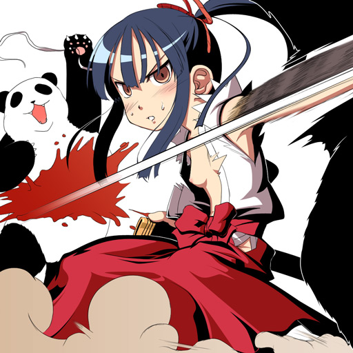caryo, takeda yukimura, bushidou (sekaiju), bushidou 2 (sekaiju), pet (sekaiju), pet 4 (sekaiju), atlus, etrian odyssey, 1girl, :3, angry, arm up, armpits, battle, blood, blue hair, blush, bow, breast slip, claws, clenched teeth, clothing cutout, death, fangs, female focus, fighting stance, flat chest, foreshortening, hakama, hakama skirt, hip vent, holding, japanese clothes, katana, long hair, motion blur, nipples, no bra, o o, open clothes, open shirt, orange eyes, panda, ponytail, red hakama, ribbon, rope, samurai, sheath, shirt, side slit, sidelocks, simple background, skirt, smoke, solo, spread legs, squatting, standing, sweatdrop, sword, teeth, torn clothes, vest, wardrobe malfunction, weapon