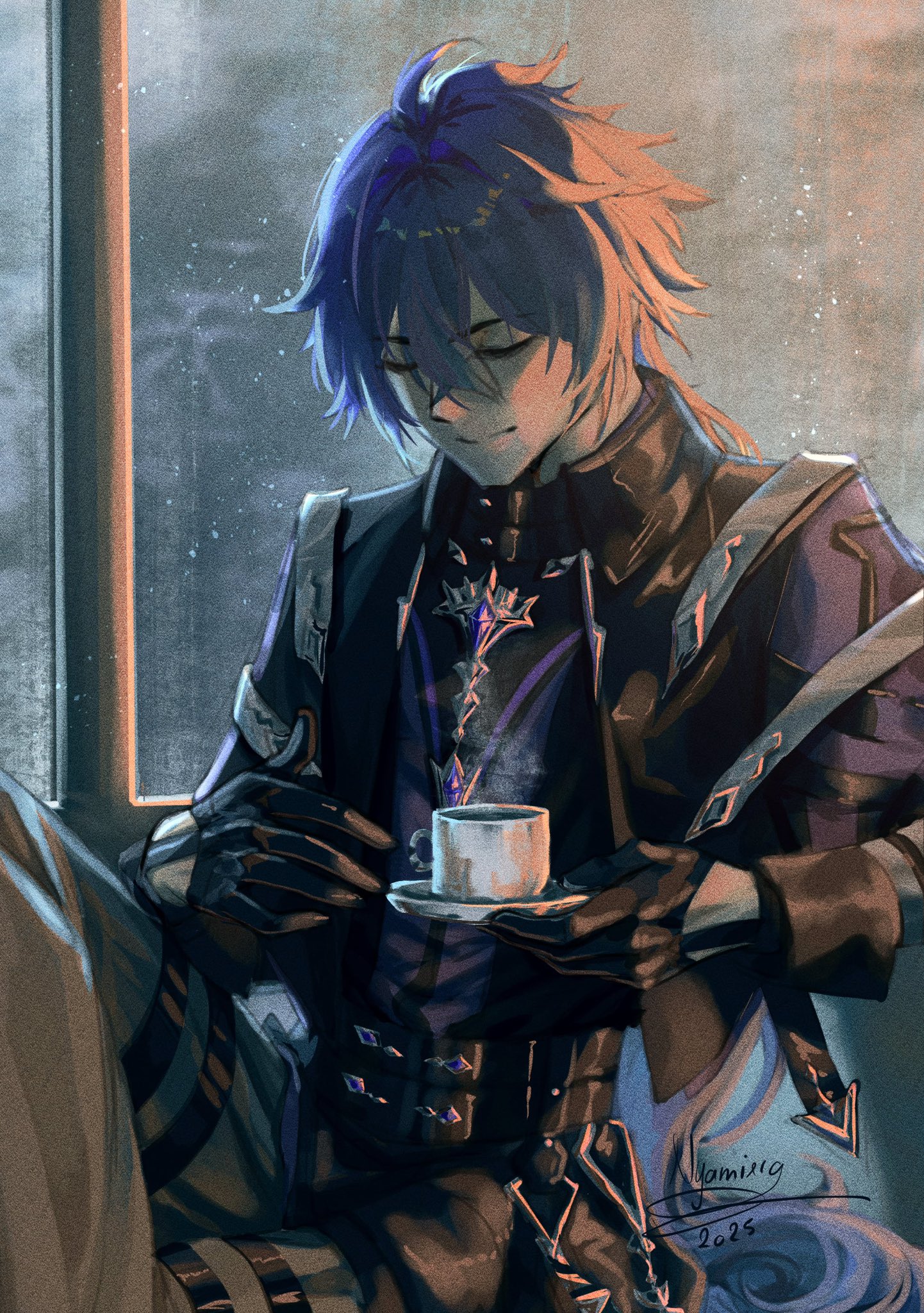 flins (genshin impact), genshin impact, commentary, english commentary, highres, 1boy, belt, black belt, black coat, black shirt, blue hair, closed eyes, closed mouth, coat, crossed bangs, crossed legs, cup, dated, double-parted bangs, holding, holding cup, holding saucer, indoors, long hair, male focus, multiple belts, nyamiria, saucer, shirt, shirt tucked in, signature, sitting, smile, solo, teacup, thigh belt, thigh strap, very long hair