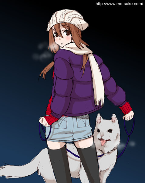 mattaku mousuke, original, 1girl, black thighhighs, breath, brown eyes, brown hair, collar, dog, female focus, hat, jacket, leash, long hair, miniskirt, pencil skirt, scarf, simple background, skirt, solo, thighhighs