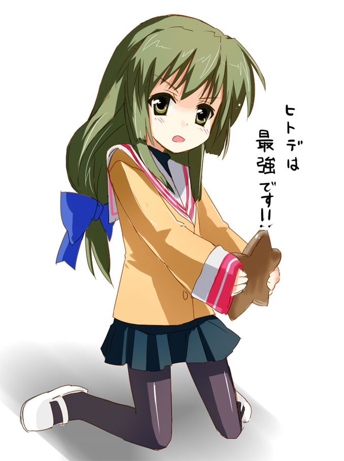 gotyou, ibuki fuuko, clannad, 00s, 1girl, female focus, long hair, low-tied long hair, pantyhose, school uniform, serafuku, solo, white background