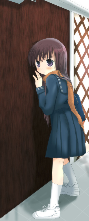 kayune niu, original, 1girl, against wall, black hair, blush, female focus, kayune, purple eyes, scarf, school uniform, serafuku, shoes, sneakers, socks, solo