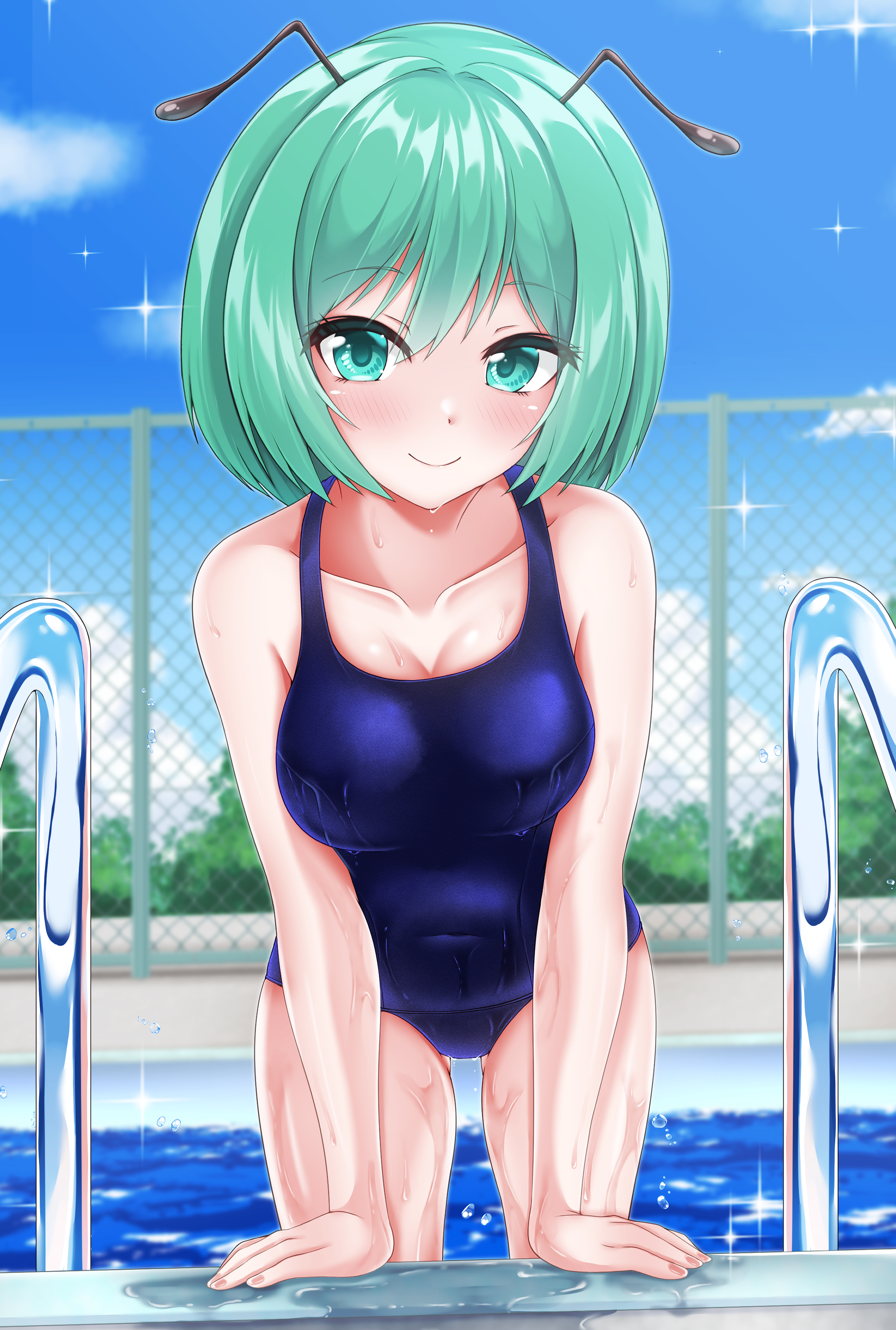muki (munikichan), wriggle nightbug, touhou, absurdres, highres, 1girl, alternate costume, antennae, blue sky, blurry, blurry background, blush, breasts, breasts squeezed together, chain-link fence, closed mouth, cloud, collarbone, cowboy shot, day, fence, green eyes, green hair, looking at viewer, medium breasts, old school swimsuit, outdoors, pool, poolside, railing, school swimsuit, short hair, sky, smile, solo, sparkle, swimsuit, water, wet