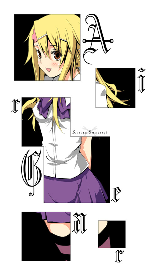 kantoku, sumeragi kururu, air gear, 00s, 1girl, arms behind back, blonde hair, bow, bowtie, female focus, green eyes, long hair, looking at viewer, ponytail, purple bow, purple bowtie, purple skirt, shirt, simple background, skirt, solo, standing, thighhighs, white background, white shirt, zettai ryouiki