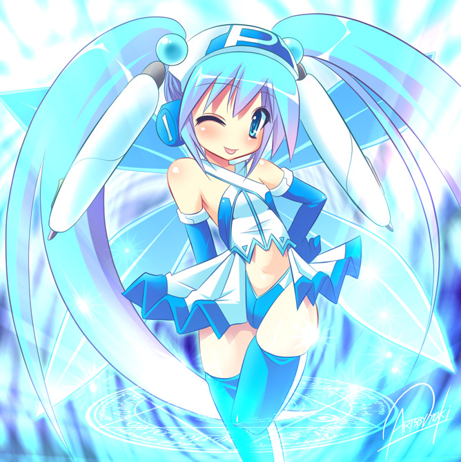 maki (seventh heaven maxion), pixiv-tan, pixiv, 1girl, ;p, bare shoulders, blue eyes, blue hair, blush, female focus, leotard, long hair, looking at viewer, matching hair/eyes, one eye closed, pleated skirt, showgirl skirt, skirt, solo, thighhighs, tongue, tongue out, very long hair, white skirt