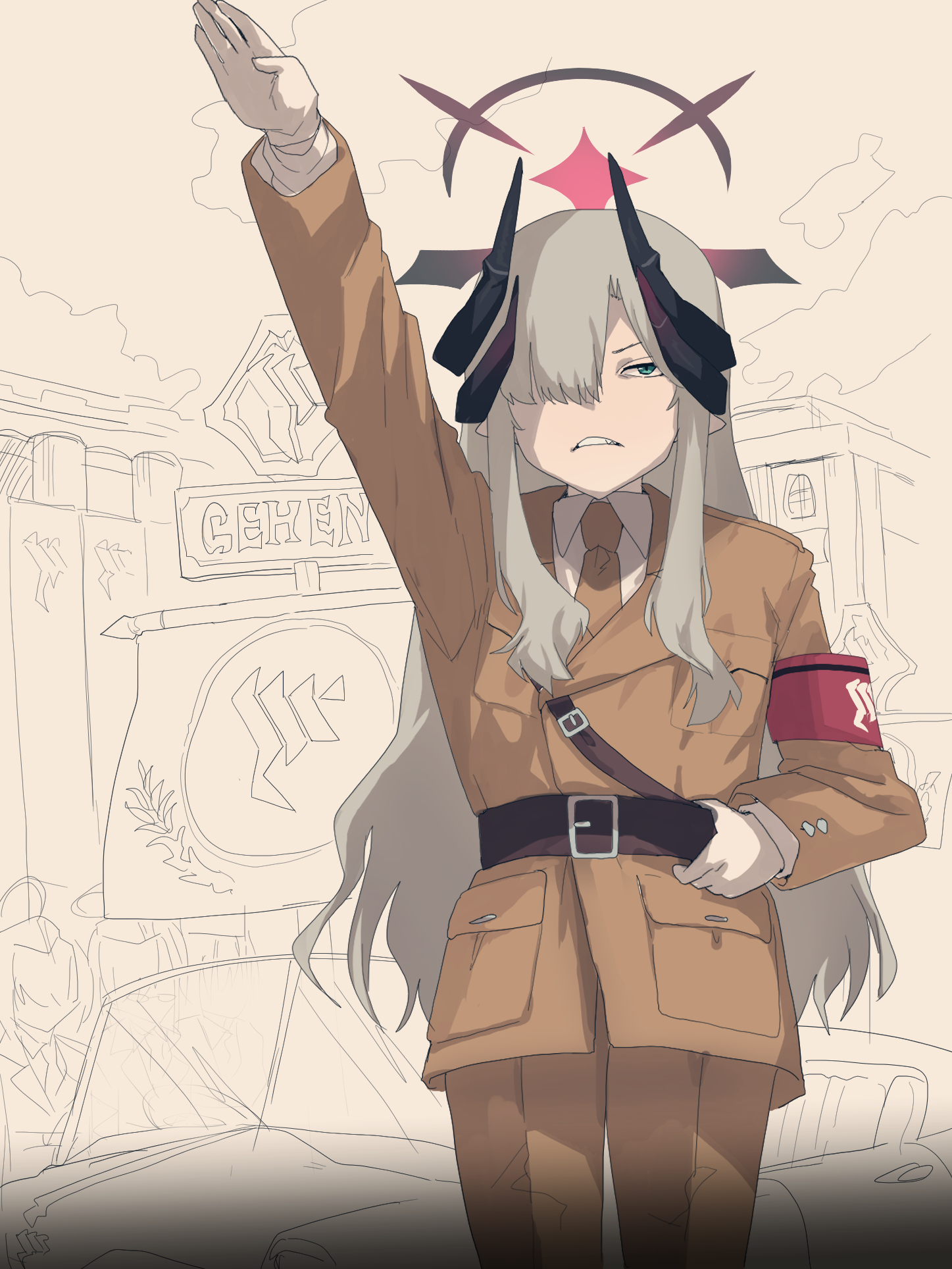 fuka (kantoku), makoto (blue archive), blue archive, commentary request, highres, 1girl, armband, belt, black belt, black halo, black horns, blue eyes, brown coat, brown necktie, brown pants, coat, collared shirt, cowboy shot, gehenna academy logo, gloves, grey hair, hair over one eye, halo, horns, long hair, long sleeves, looking at viewer, nazi, necktie, pants, salute, shirt, solo, straight-arm salute, white gloves, white shirt