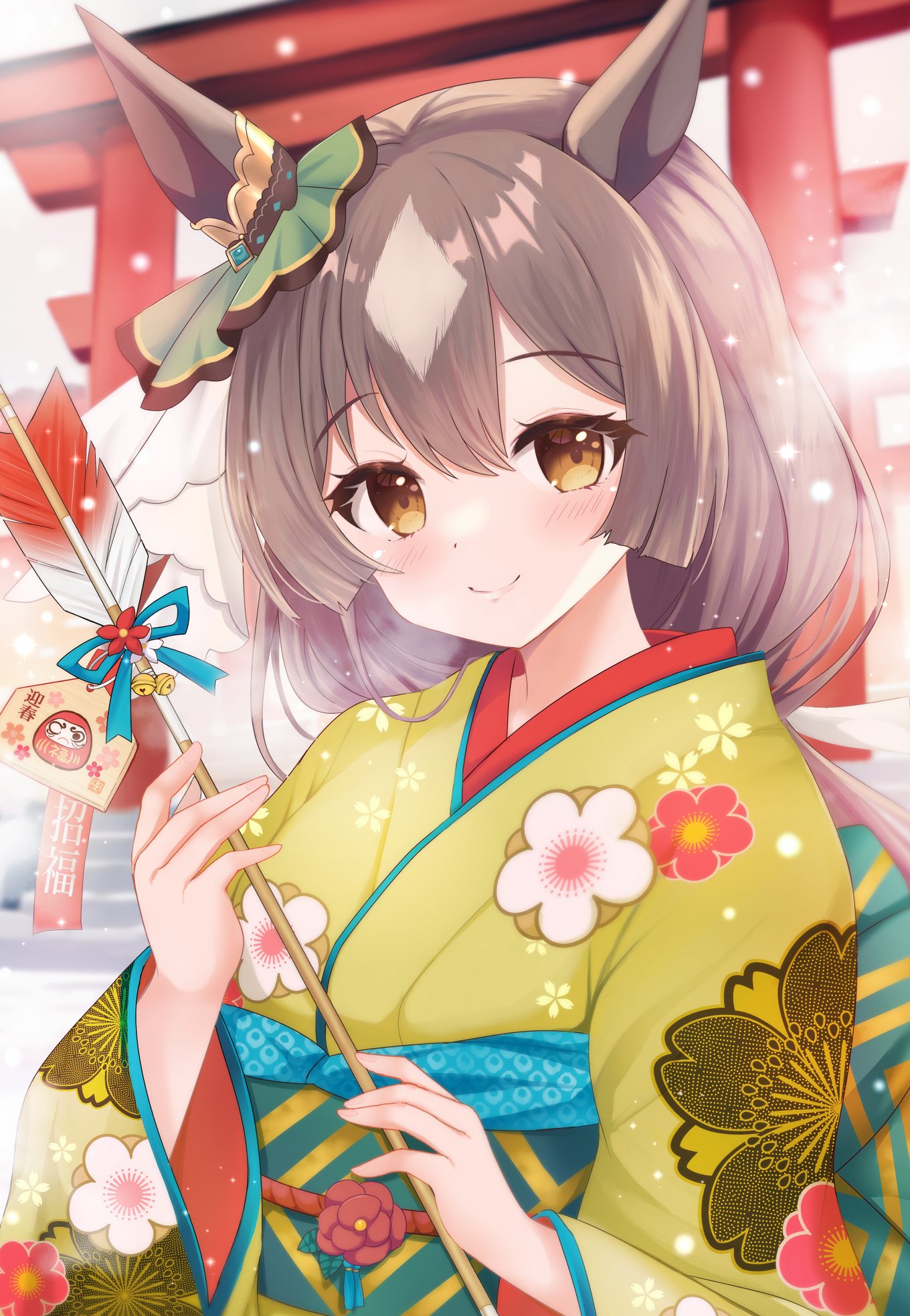 terimuku, satono diamond (umamusume), umamusume, commentary request, highres, 1girl, animal ears, arrow (projectile), bell, blush, brown eyes, brown hair, brown kimono, closed mouth, ema, hair between eyes, hamaya, holding, holding arrow, horse ears, japanese clothes, jingle bell, kimono, long hair, long sleeves, looking at viewer, multicolored hair, obi, sash, smile, solo, torii, two-tone hair, upper body, very long hair, wide sleeves