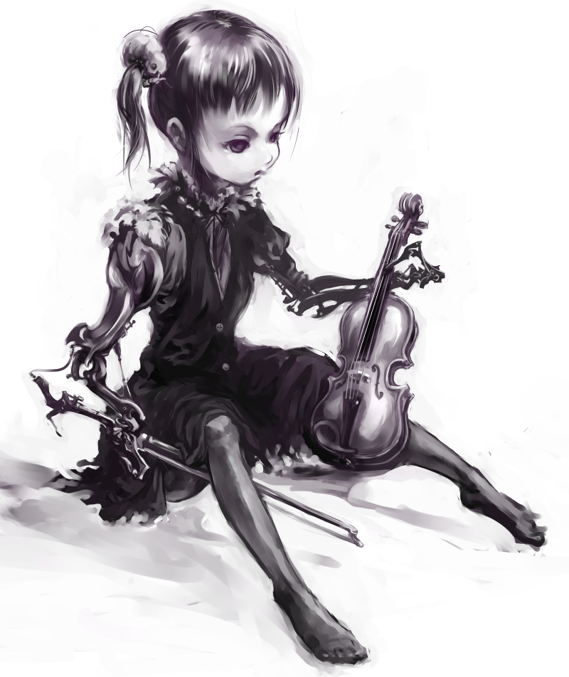 densen maniya, 1girl, cyborg, dress, feet, female focus, instrument, monochrome, music, pantyhose, sitting, solo, violin