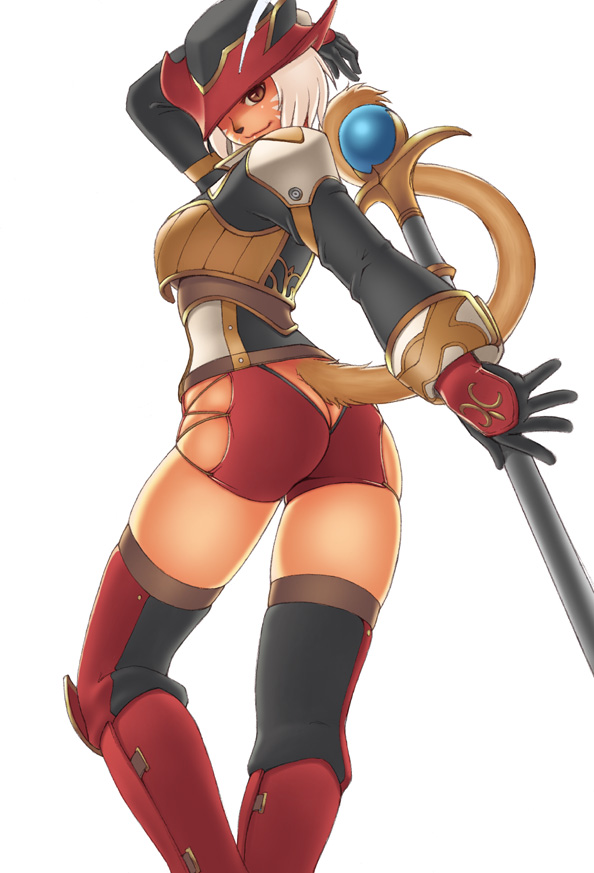 gochou, gochou (kedama), mithra (ff11), red mage (final fantasy), final fantasy, final fantasy xi, 00s, 1girl, animal ears, ass, cat ears, cat tail, female focus, gloves, short shorts, shorts, simple background, solo, tail, thighhighs