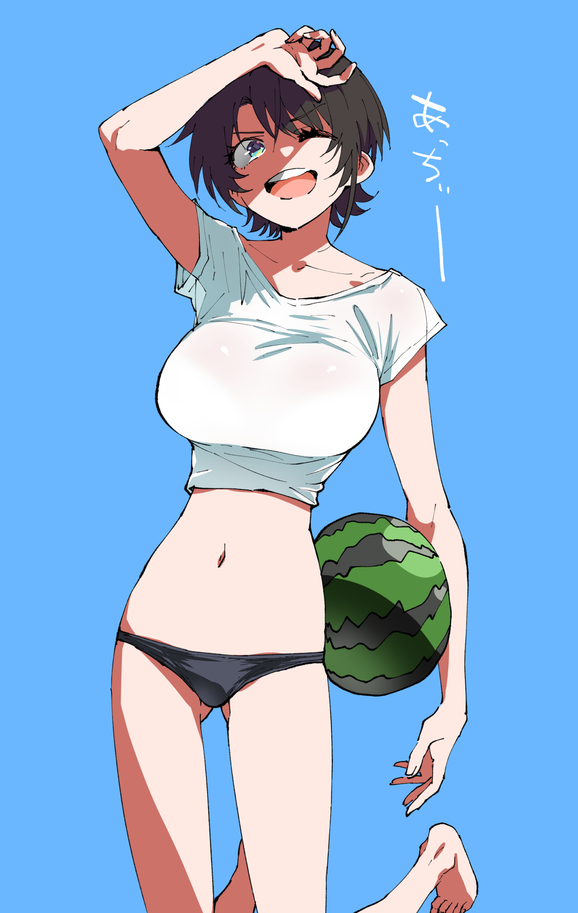 henriiku (ahemaru), oozora subaru, hololive, commentary, highres, translated, 1girl, alternate costume, arm up, asymmetrical bangs, bikini, bikini bottom only, black bikini, black hair, blue background, blue eyes, breasts, cropped shirt, food, fruit, full body, gluteal fold, holding, holding food, holding fruit, holding watermelon, jumping, large breasts, looking at viewer, navel, one eye closed, open mouth, parted bangs, shading eyes, shirt, short hair, short sleeves, simple background, smile, solo, stomach, swimsuit, teeth, upper teeth only, virtual youtuber, watermelon, white shirt