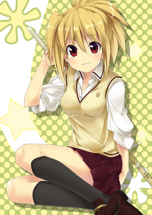 mizuki makoto, chiba kirino, bamboo blade, 00s, 1girl, :3, black socks, blonde hair, breasts, female focus, kneehighs, red eyes, school uniform, serafuku, shirt, sleeves rolled up, socks, solo