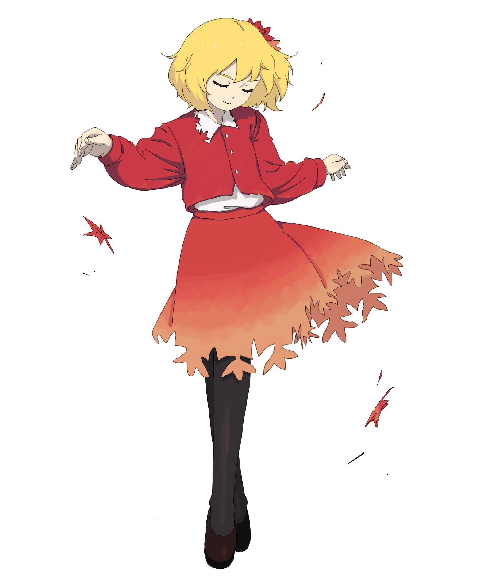 uzou (uzooooooooo), aki shizuha, touhou, highres, 1girl, black pantyhose, blonde hair, brown shoes, buttons, closed eyes, collar, frilled collar, frills, full body, gradient clothes, gradient skirt, hair ornament, leaf, leaf hair ornament, light smile, long sleeves, looking down, maple leaf, medium hair, orange skirt, pantyhose, red skirt, red vest, shirt, shoes, skirt, solo, standing, vest, white shirt