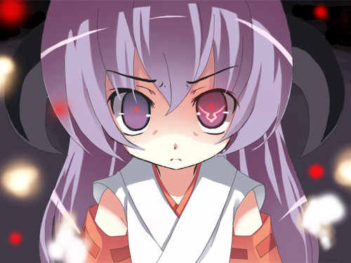 hanyuu, code geass, higurashi no naku koro ni, lowres, geass, horns, japanese clothes, miko, parody, purple eyes, purple hair, solo