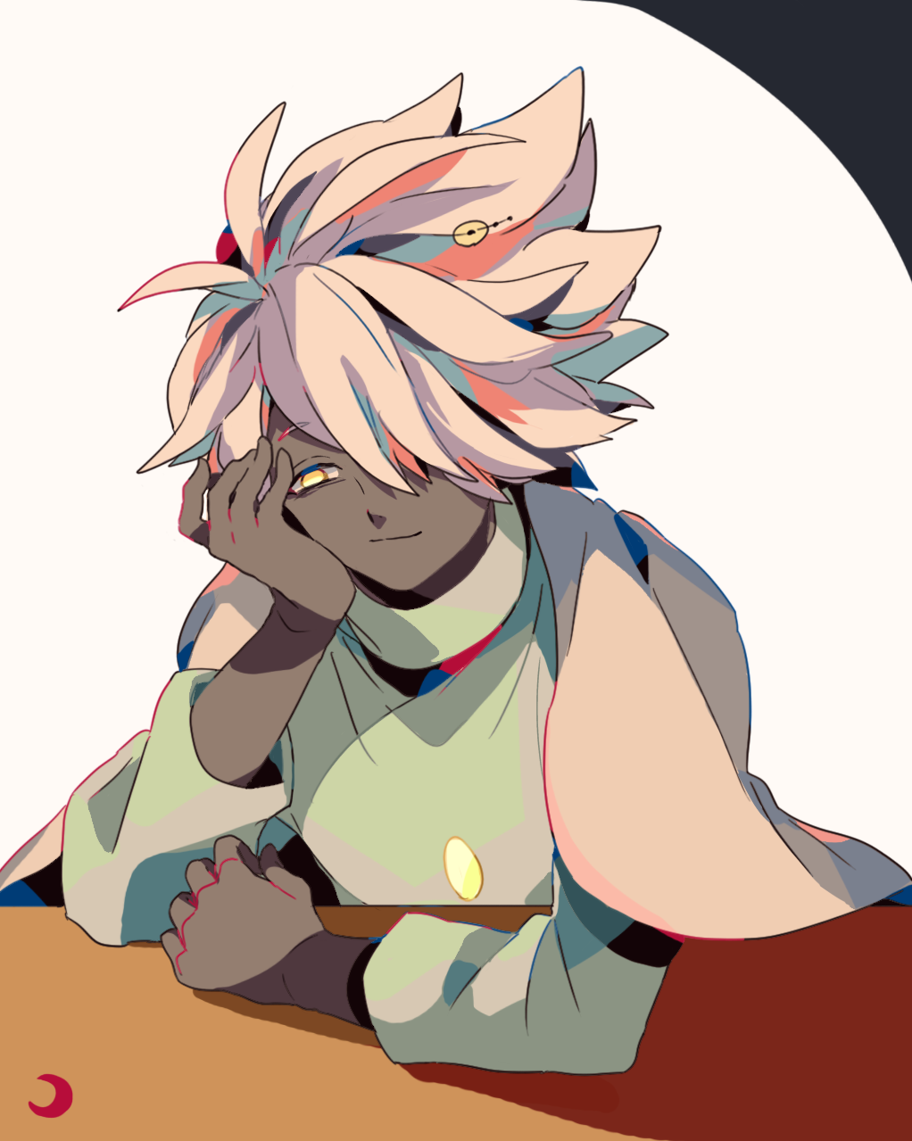 mizuki tsukimori, sky: children of the light, commentary request, highres, 1boy, arm on table, arm rest, bags under eyes, cape, colored skin, grey skin, hair over one eye, light smile, long sleeves, male focus, short hair, sitting, solo, upper body, yellow eyes