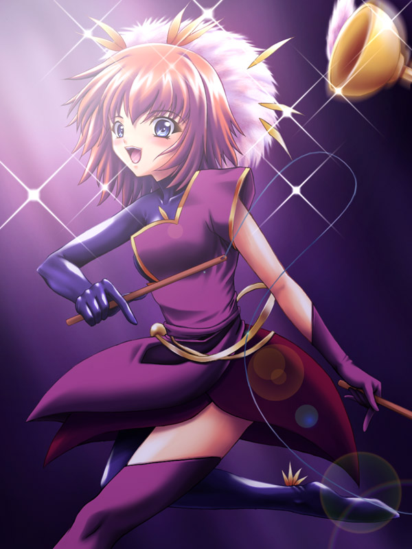 rosetta passel, kaleido star, 00s, 1girl, :d, bare shoulders, bell, blue eyes, diabolo, dress, female focus, jumping, open mouth, pink hair, purple dress, purple thighhighs, short hair, sleeveless, sleeveless dress, smile, solo, sparkle, thighhighs, zettai ryouiki