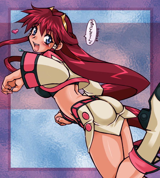nakagami takashi, dita liebely, vandread, 00s, 1girl, :d, ass, back, blue eyes, blush, boots, border, breasts, crop top, dutch angle, female focus, from behind, hair ornament, hair ribbon, heart, high heels, impossible clothes, jacket, jewelry, knee boots, large breasts, long hair, looking back, miniskirt, necklace, open clothes, open jacket, open mouth, pendant, red hair, ribbon, shoes, skin tight, skirt, smile, solo, very long hair, wide sleeves