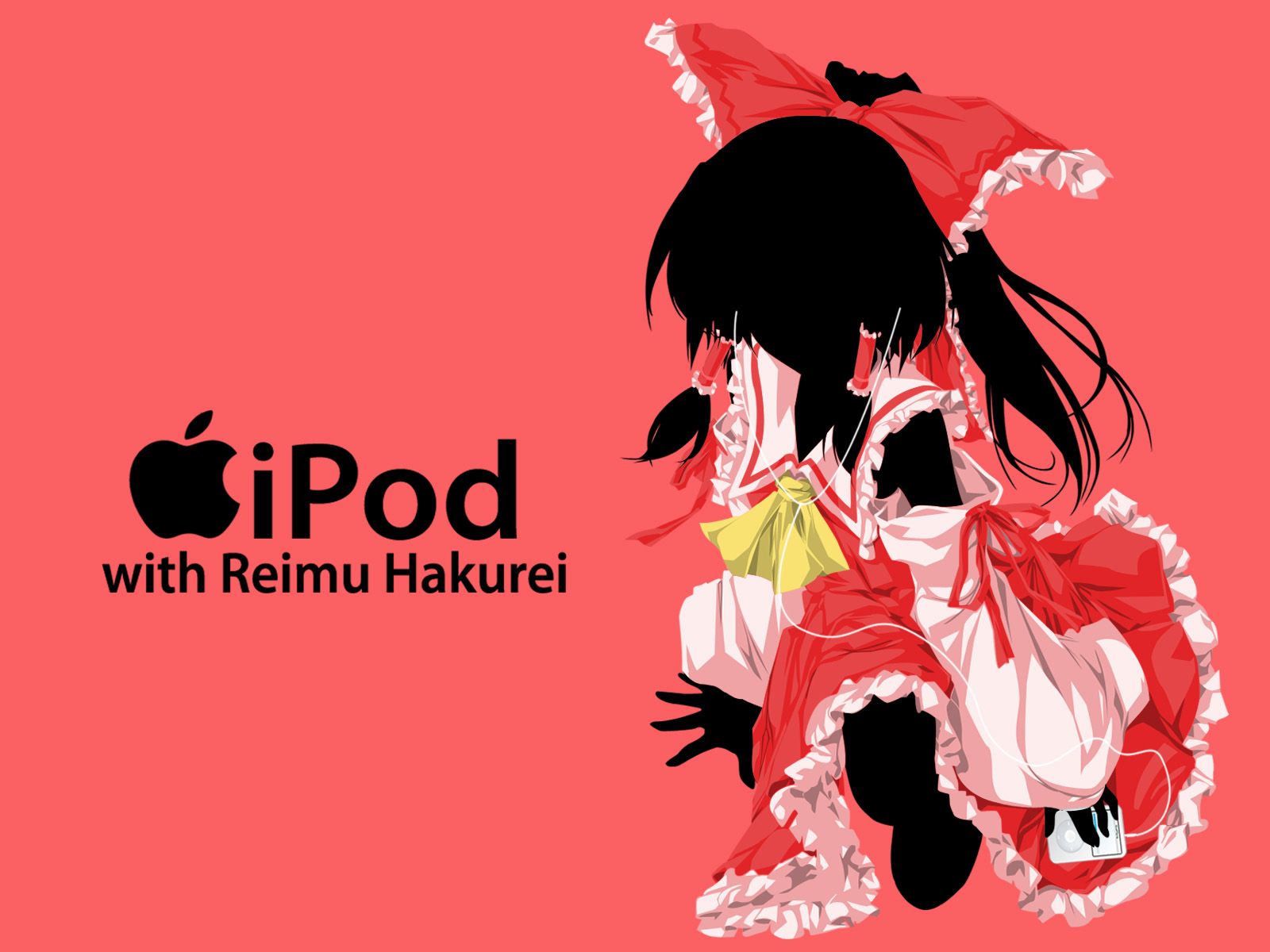 hakurei reimu, touhou, highres, 1girl, character name, digital media player, female focus, ipod, ipod ad, japanese clothes, miko, parody, solo