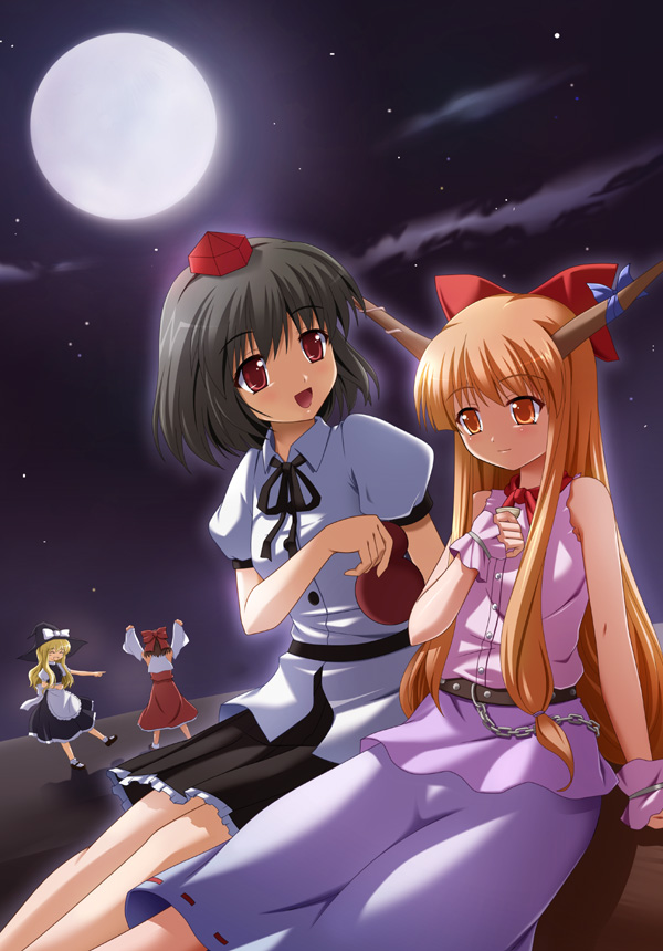 maroppe, hakurei reimu, ibuki suika, kirisame marisa, shameimaru aya, touhou, 4girls, apron, arms up, belt, blonde hair, bow, brown hair, chain, drinking, expressionless, female focus, full moon, gourd, hair bow, hat, horns, laughing, long hair, moon, multiple girls, neck ribbon, night, orange hair, outdoors, ribbon, shirt, short hair, short sleeves, sitting, skirt, sky, smile, star (sky), tokin hat, very long hair, witch hat