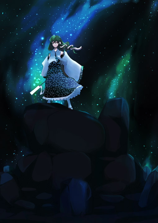 takanashi akihito, kochiya sanae, touhou, 1girl, detached sleeves, female focus, frog, gohei, green hair, hair ornament, hair tubes, japanese clothes, long hair, oonusa, snake, solo