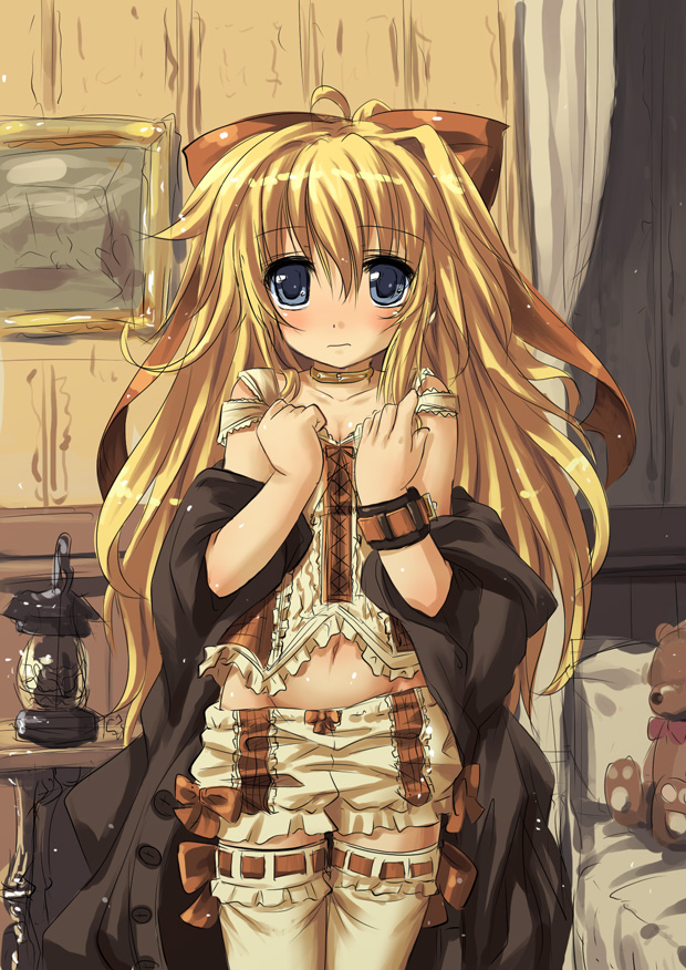broiler, original, 1girl, bedroom, blonde hair, bloomers, blush, bow, choker, coat, female focus, frills, groin, hair bow, hair ribbon, indoors, jacket, lantern, long hair, navel, off shoulder, ribbon, solo, stuffed animal, stuffed toy, thighhighs, underwear, undressing, white bloomers