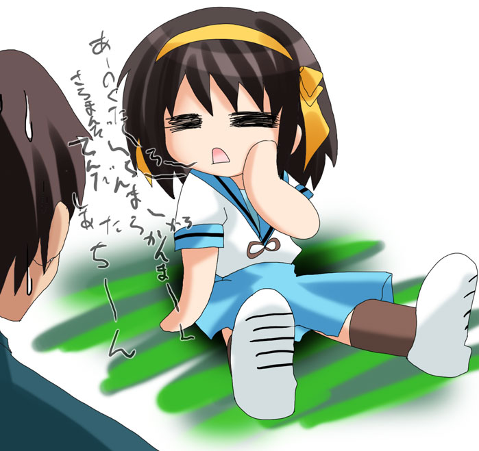 namamo nanase, kyon, suzumiya haruhi, suzumiya haruhi no yuuutsu, translation request, 00s, chibi, school uniform, serafuku