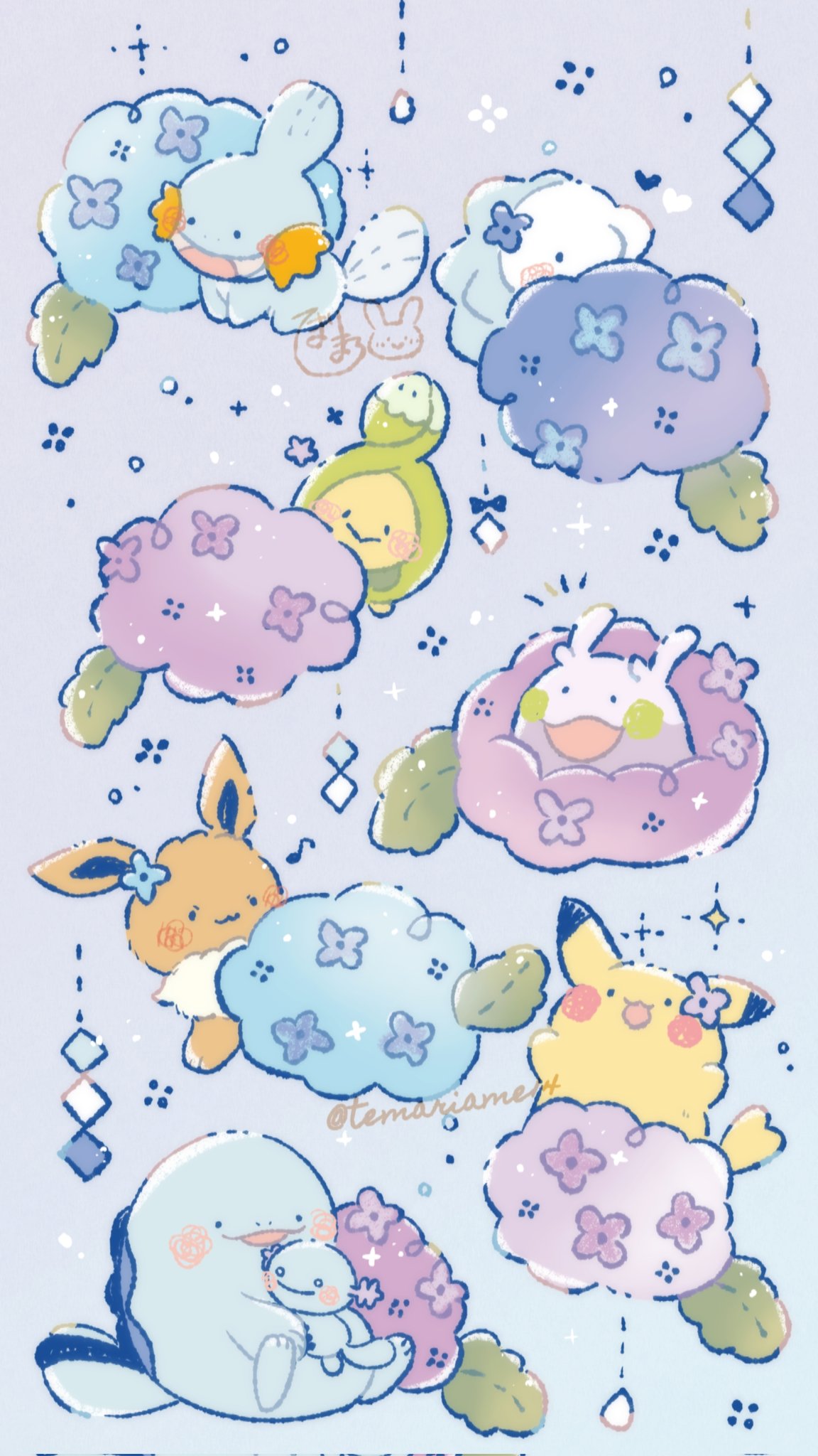 temariame14, budew, eevee, goomy, mudkip, pikachu, quagsire, snom, wooper, nintendo, pokemon, commentary request, highres, blue background, brooch, closed mouth, flower, flower brooch, gen 1 pokemon, gen 2 pokemon, gen 3 pokemon, gen 4 pokemon, gen 6 pokemon, gen 8 pokemon, jewelry, musical note, no humans, open mouth, pokemon (creature), pokemon focus, simple background, smile, twitter username