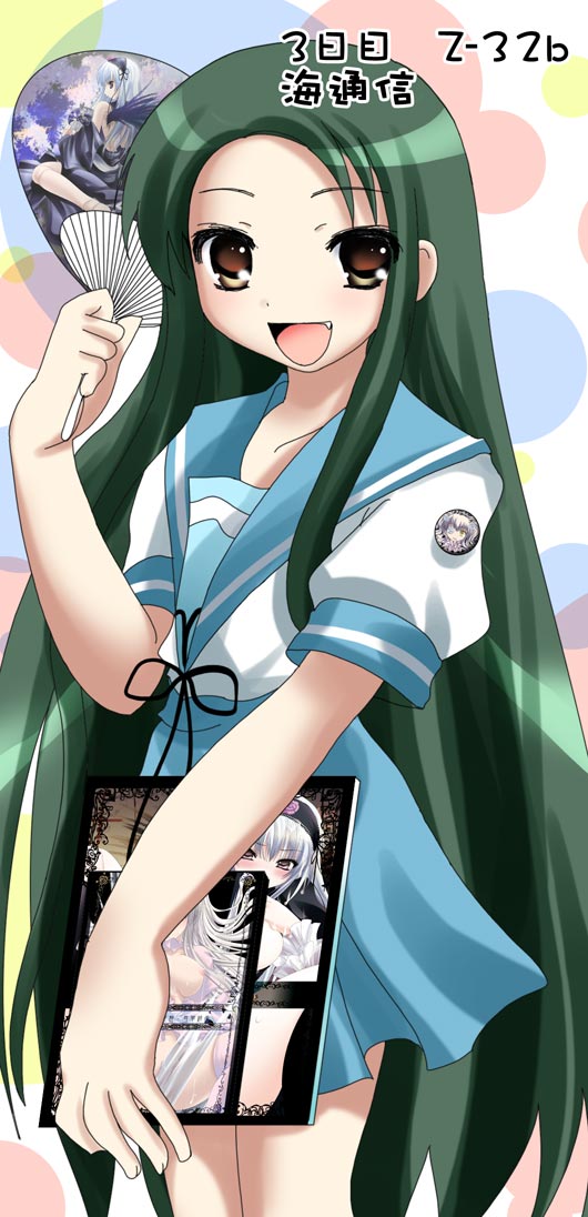 namamo nanase, suigintou, tsuruya, rozen maiden, suzumiya haruhi no yuuutsu, 00s, cameo, crossover, hand fan, long hair, paper fan, school uniform, serafuku, solo, uchiwa, very long hair