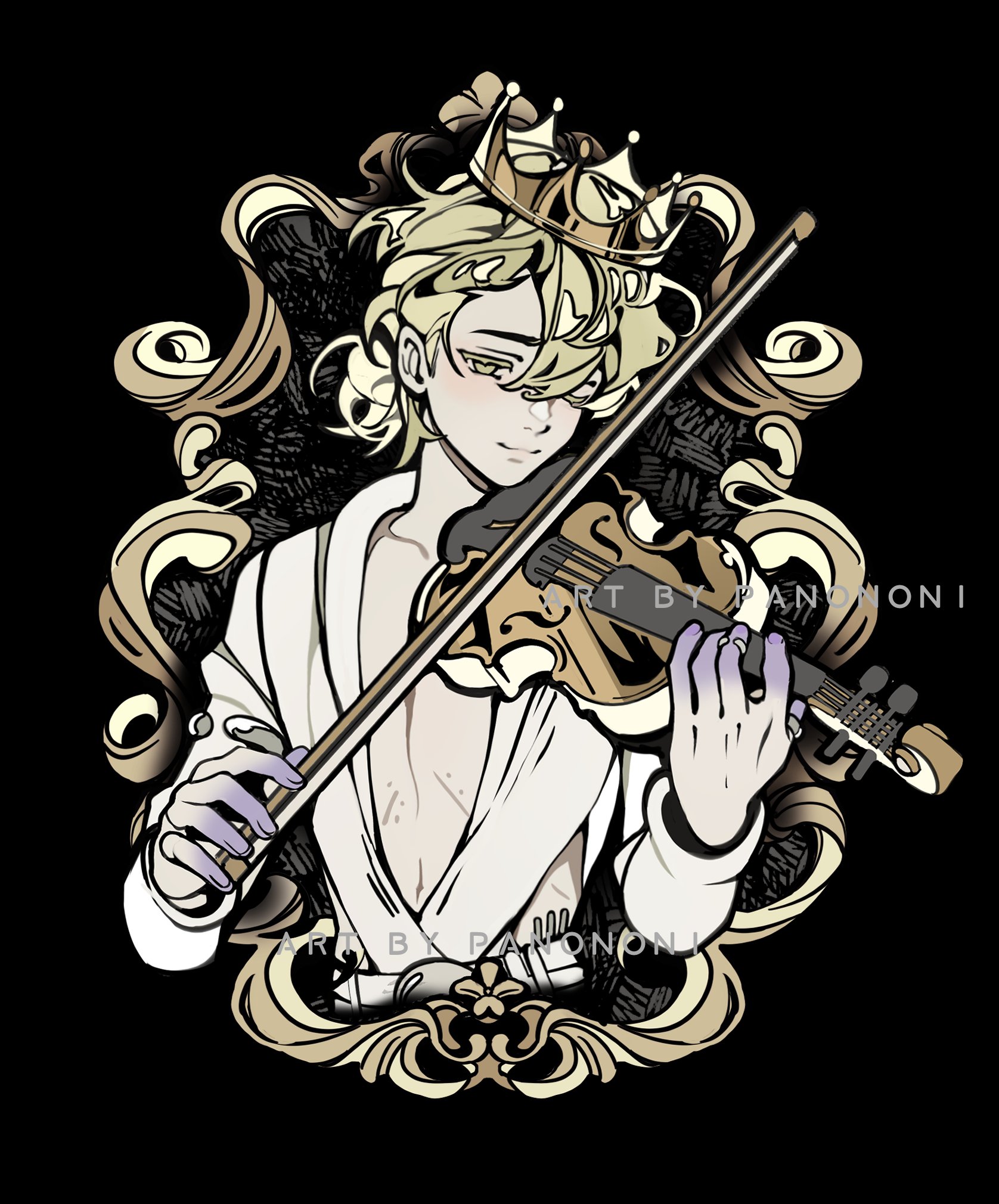 pandrea, luka (alien stage), alien stage, commentary, english commentary, highres, 1boy, artist name, blonde hair, bow (music), colored extremities, colored eyelashes, crown, holding, holding bow (music), holding instrument, holding violin, instrument, male focus, music, playing instrument, plunging neckline, scar, scar on stomach, shirt, short hair, solo, violin, white shirt, yellow eyes