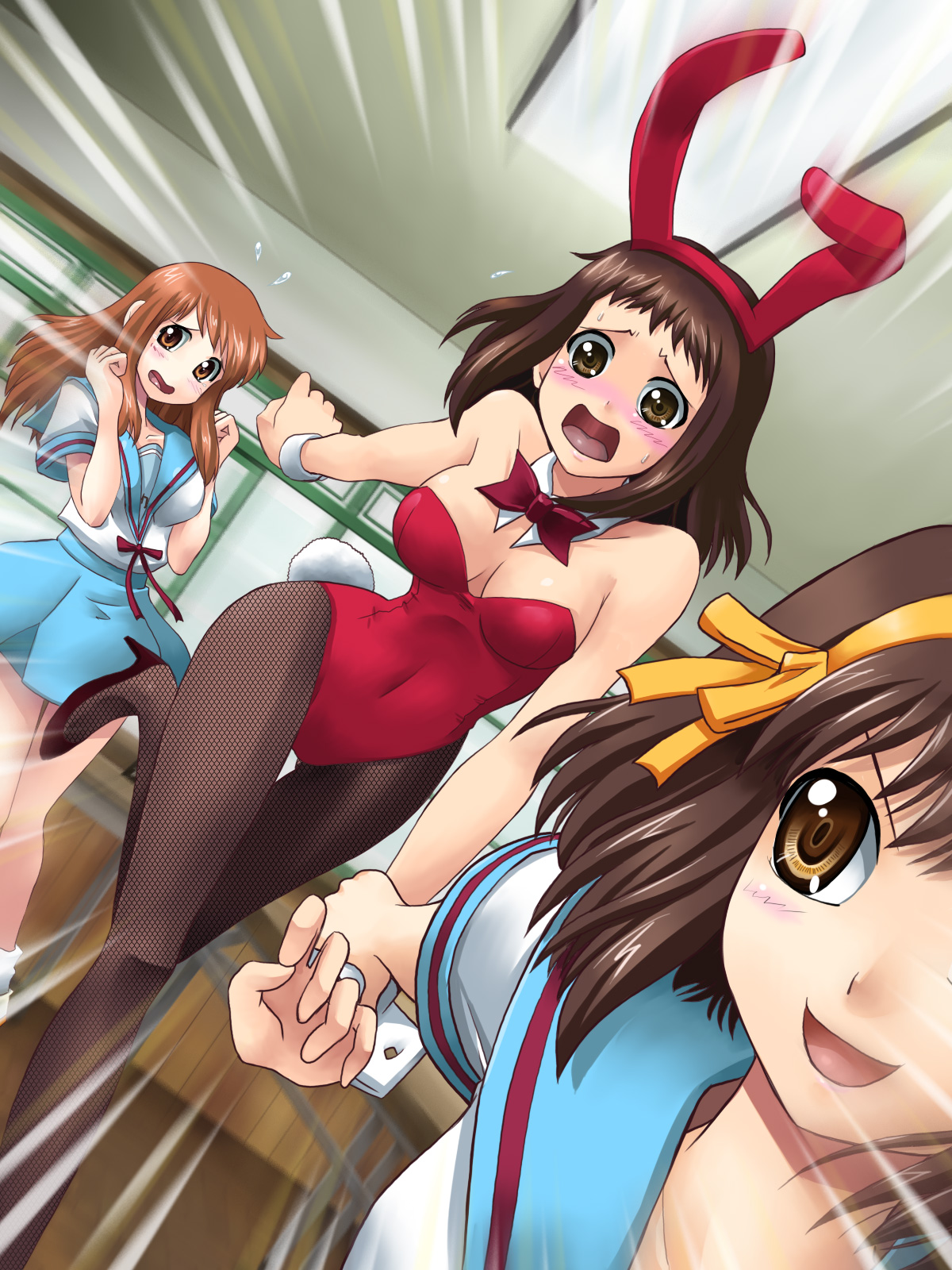 yaso shigeru, asahina mikuru, kyon, kyonko, suzumiya haruhi, suzumiya haruhi no yuuutsu, gender request, highres, 00s, 3girls, animal ears, brown hair, fake animal ears, fishnet pantyhose, fishnets, genderswap, leotard, multiple girls, pantyhose, playboy bunny, rabbit ears, rabbit tail, school uniform, serafuku, short hair