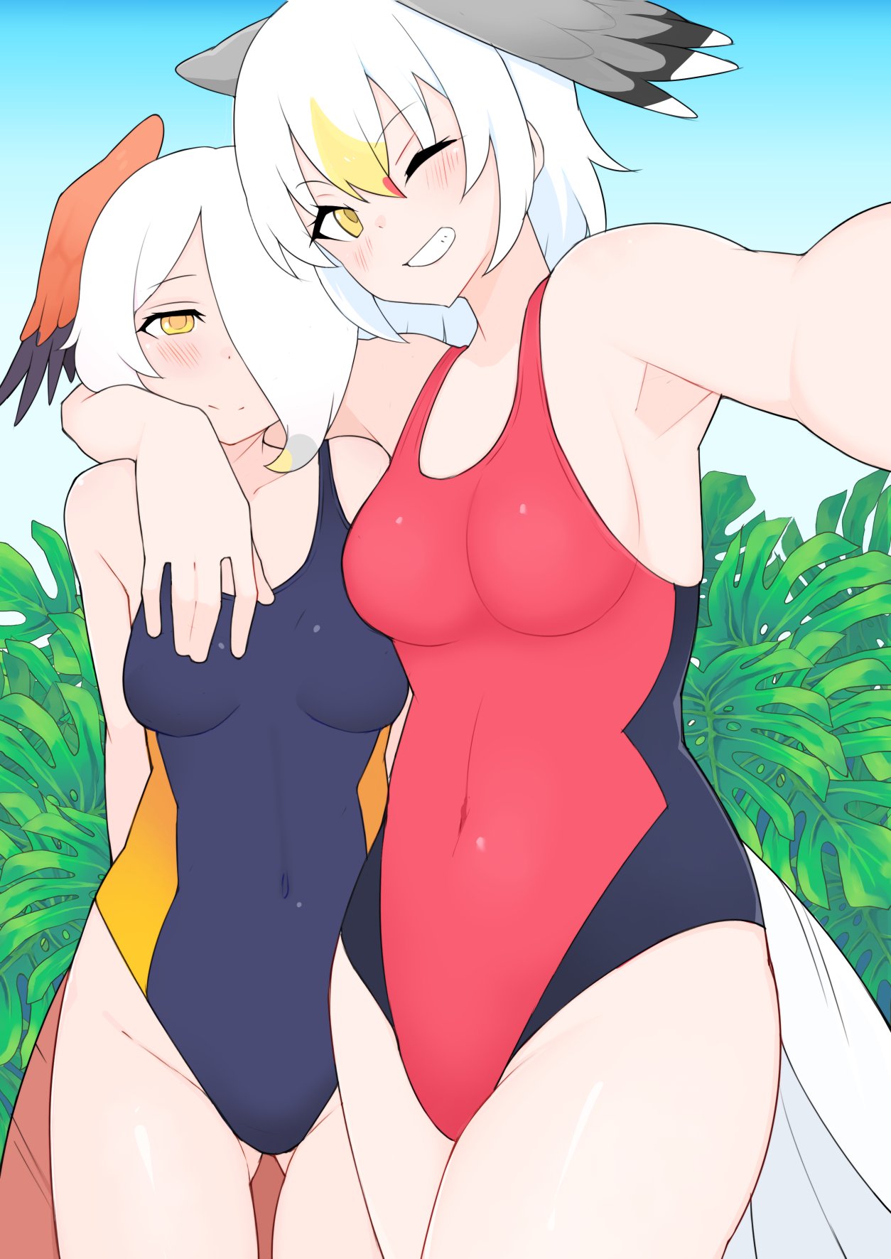 illu (illu stratos), brahminy kite (kemono friends) (illu (illu stratos)), kemono friends, original, commentary, english commentary, highres, 2girls, american herring gull (kemono friends) (runabourburnout), arm around shoulder, black one-piece swimsuit, blonde hair, blue sky, breasts, clear sky, covered navel, cowboy shot, grin, hair over one eye, looking at viewer, medium breasts, multiple girls, one-piece swimsuit, outdoors, palm tree, red one-piece swimsuit, short hair, sky, smile, swimsuit, tree, white hair, yellow eyes