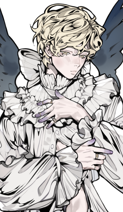 pandrea, luka (alien stage), alien stage, commentary, 1boy, alternate costume, back bow, black wings, blonde hair, bow, colored extremities, colored eyelashes, frills, index ring, jewelry, long sleeves, male focus, pinky ring, ring, short hair, solo, wings, yellow eyes