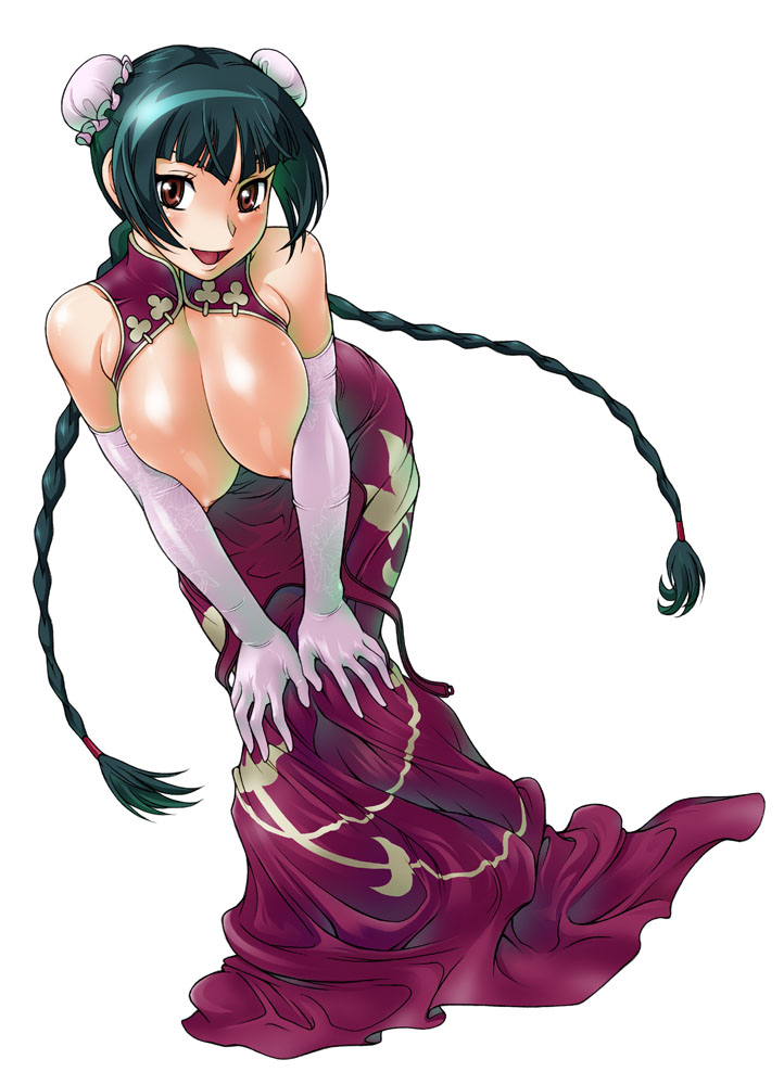 fukudahda, wang liu mei, gundam, gundam 00, 00s, 1girl, bare shoulders, bent over, braid, breasts, breasts squeezed together, bun cover, china dress, chinese clothes, double bun, dress, dutch angle, elbow gloves, female focus, gloves, green hair, hair bun, huge breasts, large breasts, leaning forward, nipples, no bra, open clothes, open mouth, simple background, smile, solo, twin braids, v arms