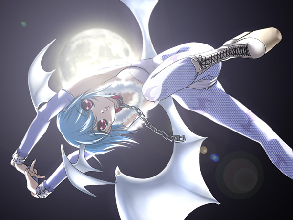 lilith (darkstalkers), capcom, darkstalkers, 1girl, animal print, bat print, chain, demon girl, female focus, full moon, head wings, moon, own hands together, panties, pantyhose, print pantyhose, solo, underwear, wings