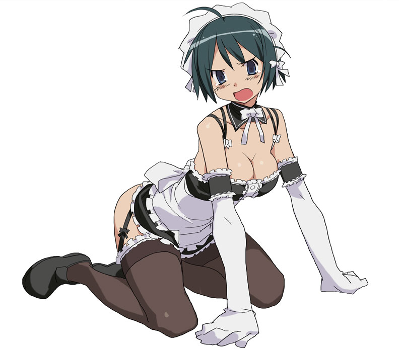 kizaki, sawatari izumi, kore ga watashi no goshujin-sama, black footwear, 00s, 1girl, ahoge, all fours, apron, bare shoulders, blush, breasts, brown thighhighs, cleavage, detached collar, dress, elbow gloves, female focus, frilled thighhighs, frills, full body, garter straps, gloves, large breasts, looking at viewer, maid, maid headdress, medium breasts, microdress, nakabayashi yoshitaka's maid uniform, no bra, revealing clothes, short hair, solo, thighhighs, waist apron, white background, white gloves