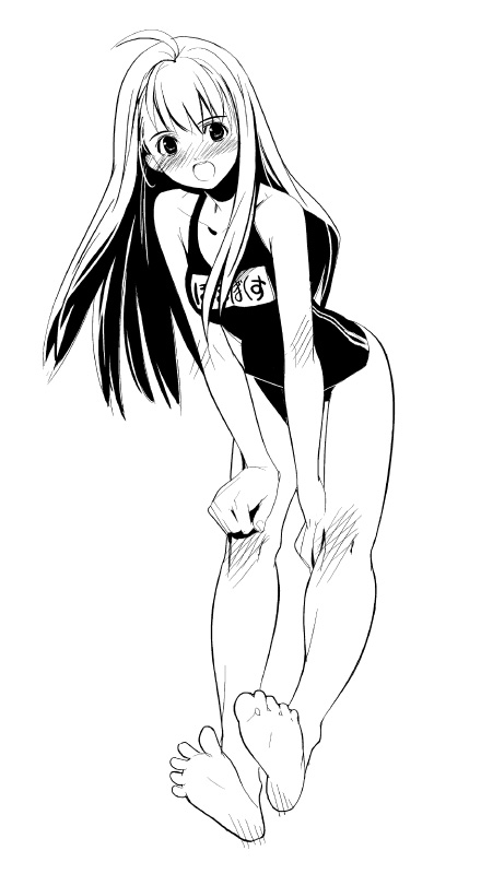 kizaki, original, 1girl, ahoge, barefoot, blush, feet, female focus, greyscale, hands on own knees, legs, long hair, monochrome, name tag, one-piece swimsuit, school swimsuit, soles, solo, spread toes, swimsuit, toes